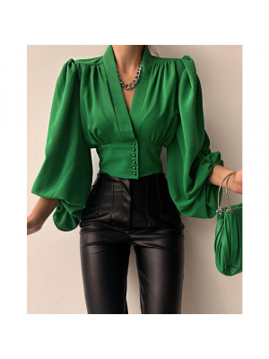 Women's Shirt Lantern Sleeve Waist Single Breasted Ladies V-Neck Blouse Tops