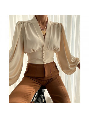 Women's Shirt Lantern Sleeve Waist Single Breasted Ladies V-Neck Blouse Tops