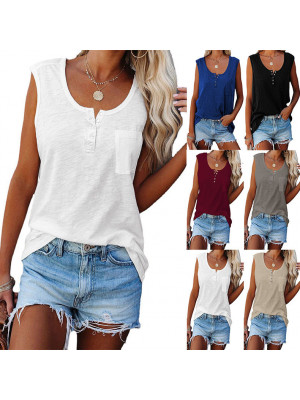 Womens Button Sleeveless Vest Summer Tank Tops Ladies Casual Loose Cami Tee UK