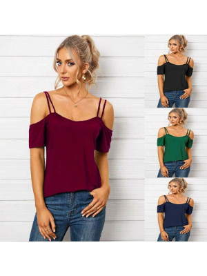 Womens Short Sleeve Off The Shoulder Loose Top Blouse T-Shirts Ladies U Neck Tee