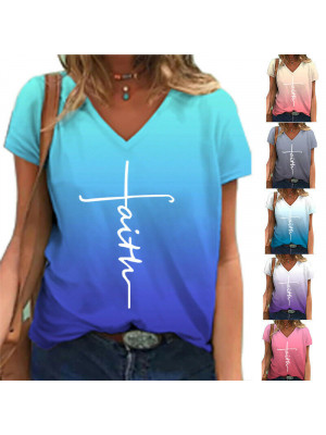 Womens Loose Short Sleeve V Neck T-Shirt Ladies Gradient Summer Tops Blouse Tee