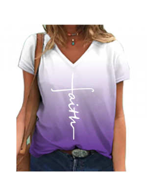 Womens Loose Short Sleeve V Neck T-Shirt Ladies Gradient Summer Tops Blouse Tee