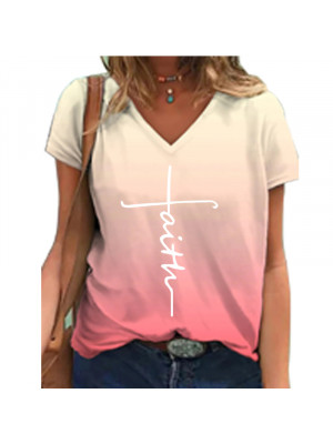 Womens Loose Short Sleeve V Neck T-Shirt Ladies Gradient Summer Tops Blouse Tee