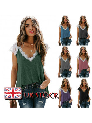 Womens Lace Short Sleeve V Neck Blouse Ladies Casual Printing T Shirt Loose Tops