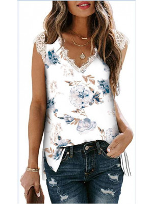 Womens Lace Short Sleeve V Neck Blouse Ladies Casual Printing T Shirt Loose Tops