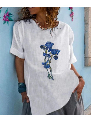 Womens Casual Loose Tops Ladies Round Neck Short Sleeve Floral T Shirts Blouse