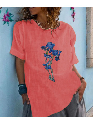 Womens Casual Loose Tops Ladies Round Neck Short Sleeve Floral T Shirts Blouse