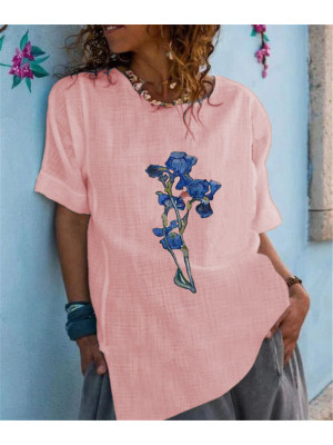 Womens Casual Loose Tops Ladies Round Neck Short Sleeve Floral T Shirts Blouse