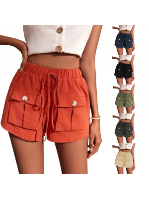 Womens Cotton Linen Shorts Waisted Pockets Casual Bottoms Loose Pants Drawstring