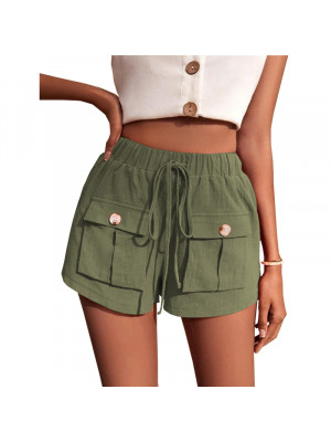 Womens Cotton Linen Shorts Waisted Pockets Casual Bottoms Loose Pants Drawstring