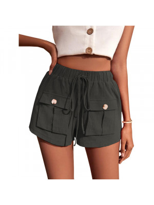 Womens Cotton Linen Shorts Waisted Pockets Casual Bottoms Loose Pants Drawstring