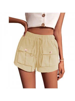 Womens Cotton Linen Shorts Waisted Pockets Casual Bottoms Loose Pants Drawstring