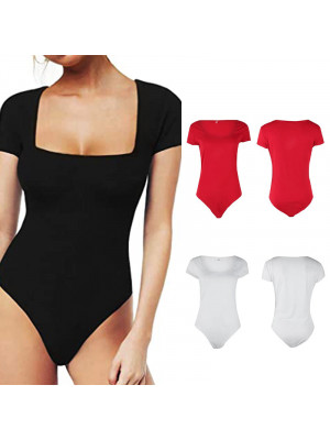 Womens Casual U Neck Short Sleeve Bodysuit Stretch Leotard Slim Fit Body Tops UK