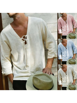 UK Mens Cotton Linen 3/4 Sleeve T-shirt Casual Loose V Neck Lace Up Tops Tunic 