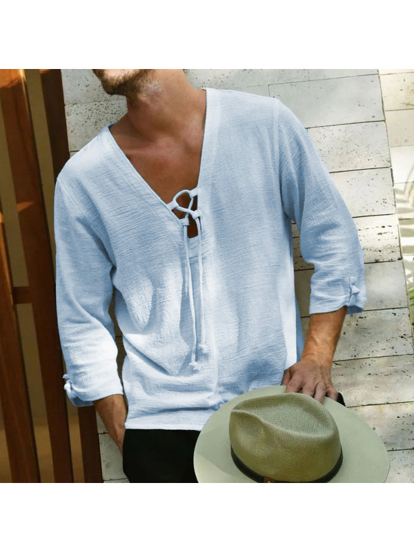 UK Mens Cotton Linen 3/4 Sleeve T-shirt Casual Loose V Neck Lace Up Tops Tunic 