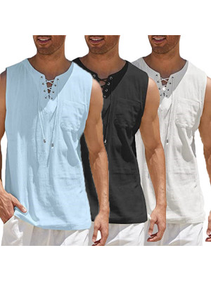 Men's Summer Casual Linen Lace Up Sleeveless V-Neck Pocket Vest Tops Blouse Tee