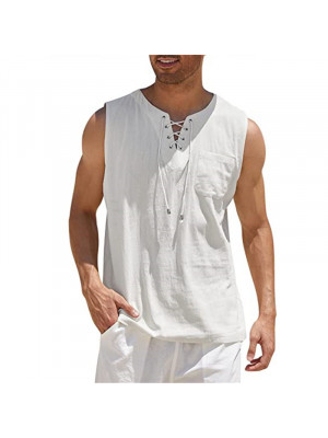 Men's Summer Casual Linen Lace Up Sleeveless V-Neck Pocket Vest Tops Blouse Tee