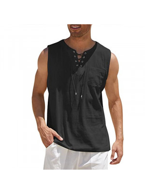 Men's Summer Casual Linen Lace Up Sleeveless V-Neck Pocket Vest Tops Blouse Tee