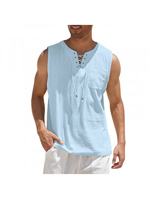 Men's Summer Casual Linen Lace Up Sleeveless V-Neck Pocket Vest Tops Blouse Tee