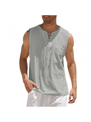 Men's Summer Casual Linen Lace Up Sleeveless V-Neck Pocket Vest Tops Blouse Tee