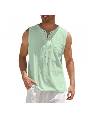 Men's Summer Casual Linen Lace Up Sleeveless V-Neck Pocket Vest Tops Blouse Tee