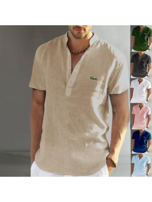 Mens Short Sleeve Linen Shirts Summer Solid Loose Casual Dress Shirt Blouse Tops