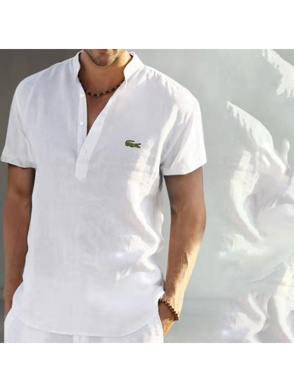 Mens Short Sleeve Linen Shirts Summer Solid Loose Casual Dress Shirt Blouse Tops