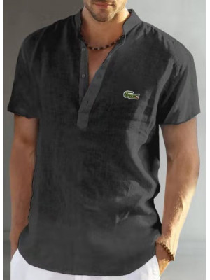 Mens Short Sleeve Linen Shirts Summer Solid Loose Casual Dress Shirt Blouse Tops