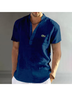 Mens Short Sleeve Linen Shirts Summer Solid Loose Casual Dress Shirt Blouse Tops