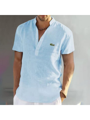 Mens Short Sleeve Linen Shirts Summer Solid Loose Casual Dress Shirt Blouse Tops