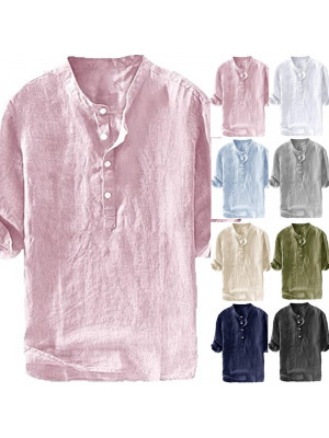 Summer Mens Linen Beach Blouse T-Shirt 4/3 Sleeve Casual Loose Tee Tops Shirt