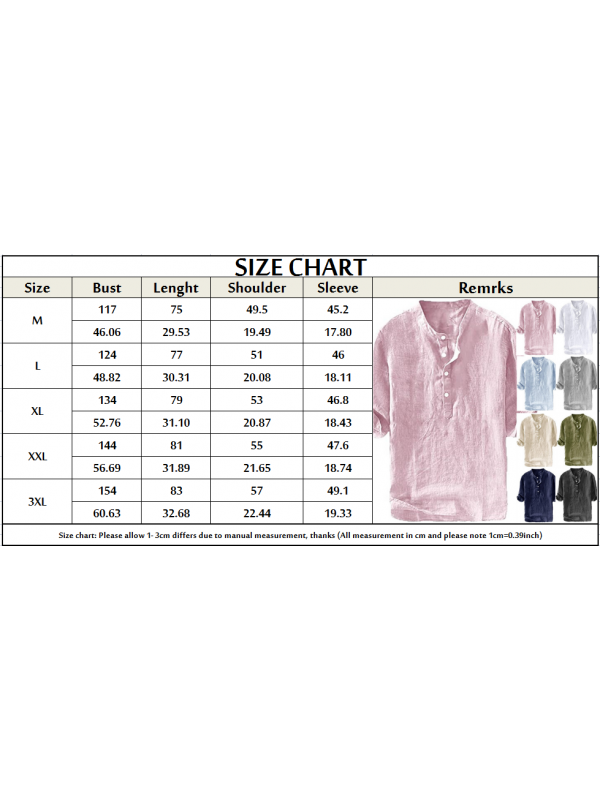 Summer Mens Linen Beach Blouse T-Shirt 4/3 Sleeve Casual Loose Tee Tops Shirt