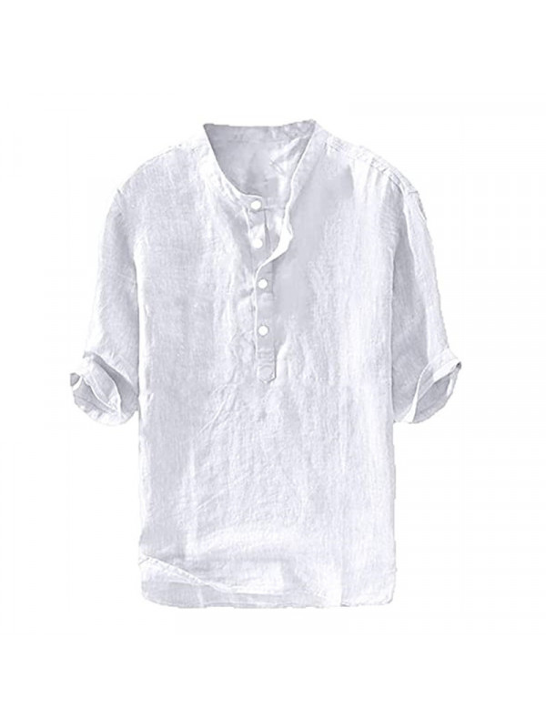 Summer Mens Linen Beach Blouse T-Shirt 4/3 Sleeve Casual Loose Tee Tops Shirt