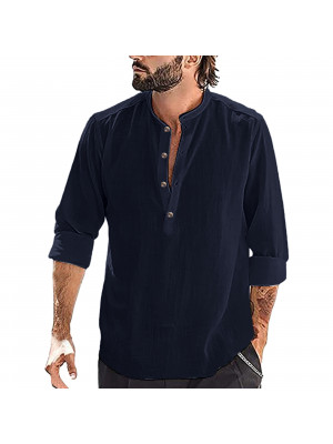 Mens V-Neck Long Sleeve Loose Shirt Casual Blouse Plain Pullover Top Tee Shirts