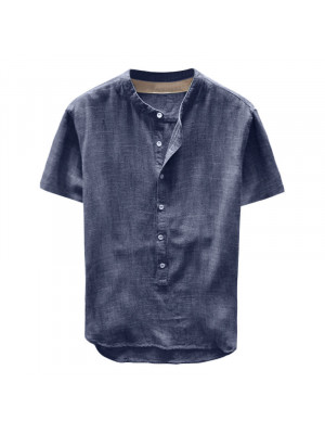 Summer Men Cotton Button Blouse T-Shirt Short Sleeve Casual Loose Tee Tops Shirt