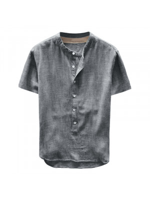 Summer Men Cotton Button Blouse T-Shirt Short Sleeve Casual Loose Tee Tops Shirt