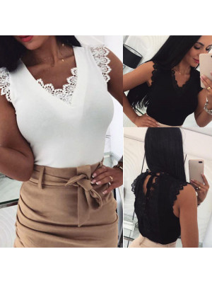 Womens Lace Sexy Sleeveless Tops Ladies V Neck Vest Casual Cami Blouse Shirt