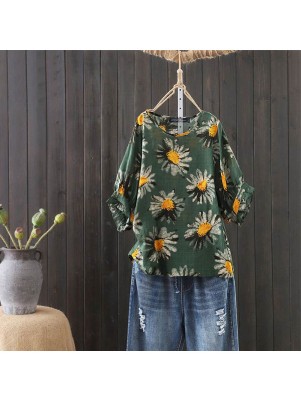 Womens Boho Half Sleeve T-shirt Ladies Casual Loose Pullover Jumper Blouse Tops