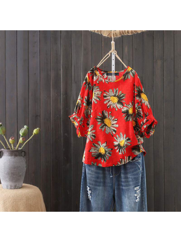 Womens Boho Half Sleeve T-shirt Ladies Casual Loose Pullover Jumper Blouse Tops