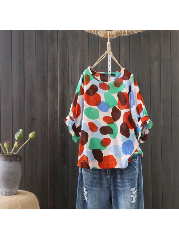 Womens Boho Half Sleeve T-shirt Ladies Casual Loose Pullover Jumper Blouse Tops