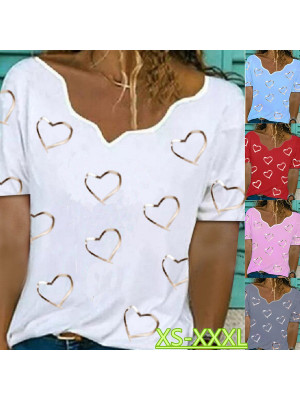 Womens Heart Print V Neck Short Sleeve T-shirt Tops Ladies Casual Tees Blouse UK