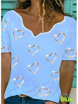 Womens Heart Print V Neck Short Sleeve T-shirt Tops Ladies Casual Tees Blouse UK