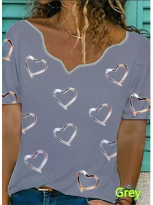 Womens Heart Print V Neck Short Sleeve T-shirt Tops Ladies Casual Tees Blouse UK