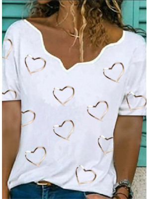 Womens Heart Print V Neck Short Sleeve T-shirt Tops Ladies Casual Tees Blouse UK