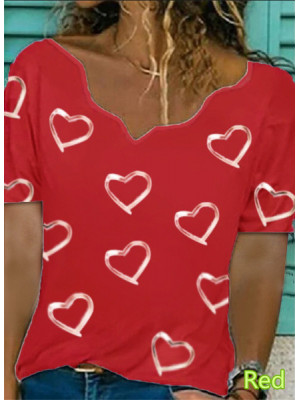 Womens Heart Print V Neck Short Sleeve T-shirt Tops Ladies Casual Tees Blouse UK