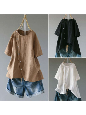 Womens Plain Round Neck Buttons Tops Short Sleeve T-shirt Ladies Tees Blouse UK