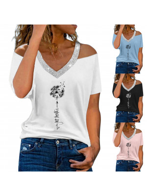 Womens Print V Neck Tops Cold shoulder Ladies Short Sleeve T-shirt Tees Blouse