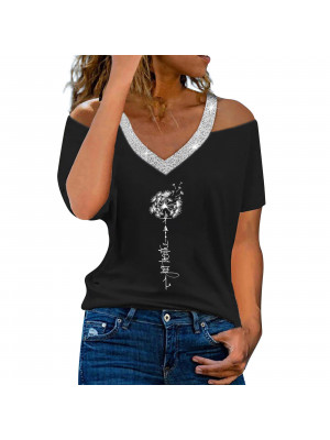 Womens Print V Neck Tops Cold shoulder Ladies Short Sleeve T-shirt Tees Blouse