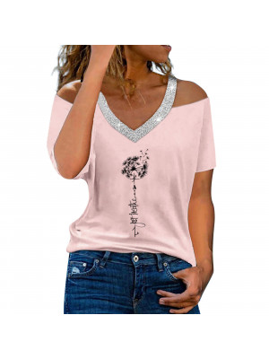 Womens Print V Neck Tops Cold shoulder Ladies Short Sleeve T-shirt Tees Blouse