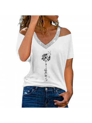 Womens Print V Neck Tops Cold shoulder Ladies Short Sleeve T-shirt Tees Blouse